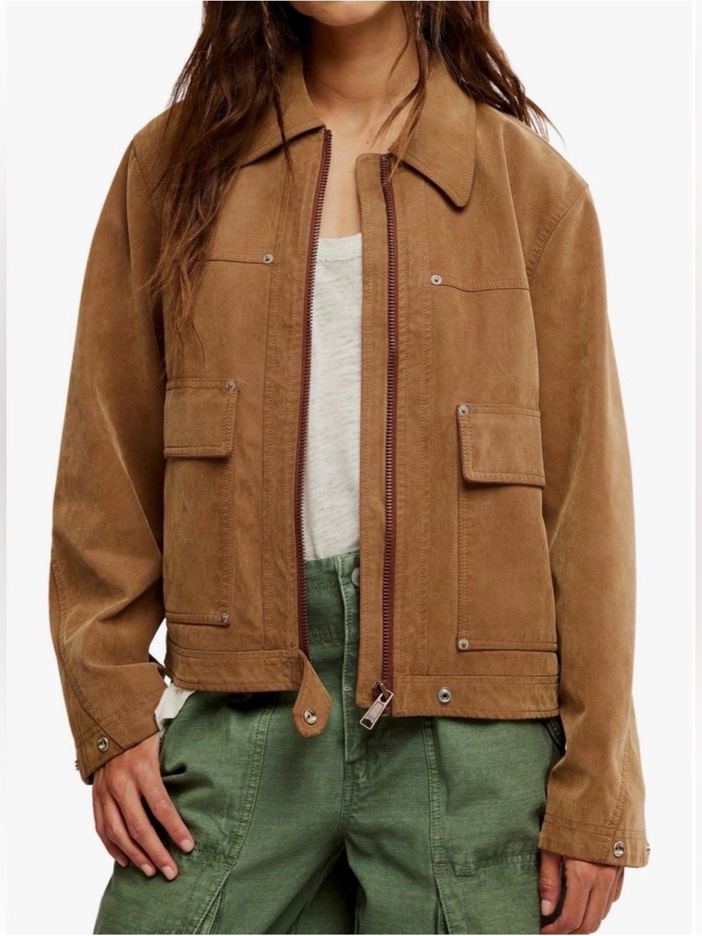 Free People We The Free Blair Vegan Faux Leather Suede Jacket Caramel Cafe XS - Picture 2 of 7